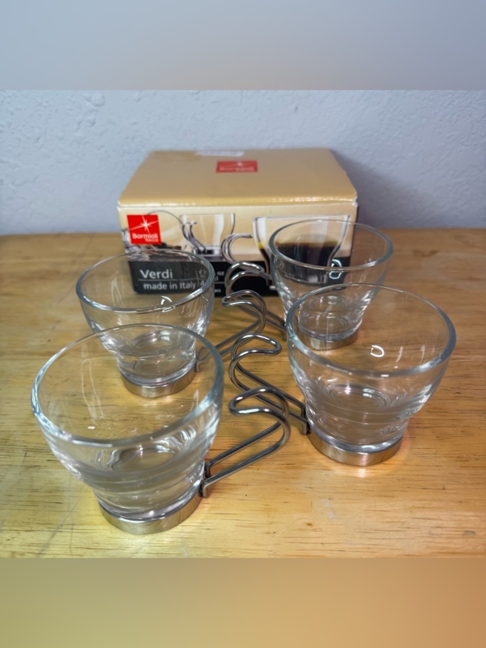Bormioli Rocco Verdi 4pc 3.5oz Glass Espresso Cups Silver Handle NIB